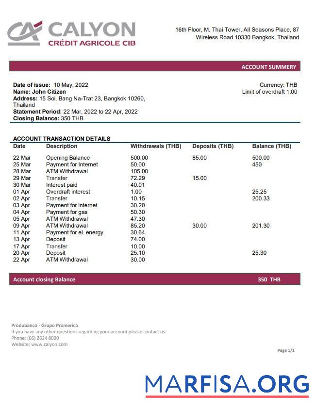 Downloadable Thailand Calyon bank statement word real example